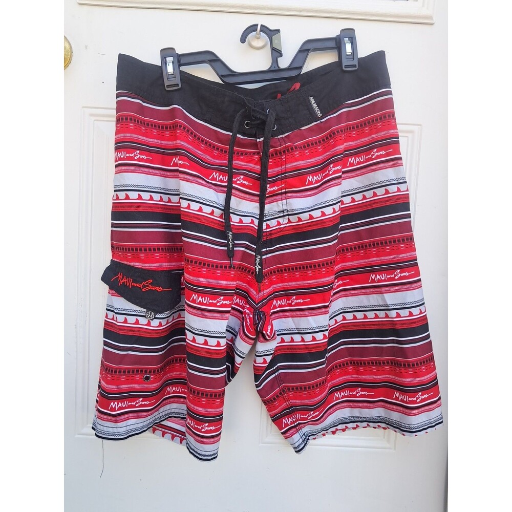 Maui & Sons swim trunks 36 Board Shorts Stripe Shark Pocket Beach Surf Retro